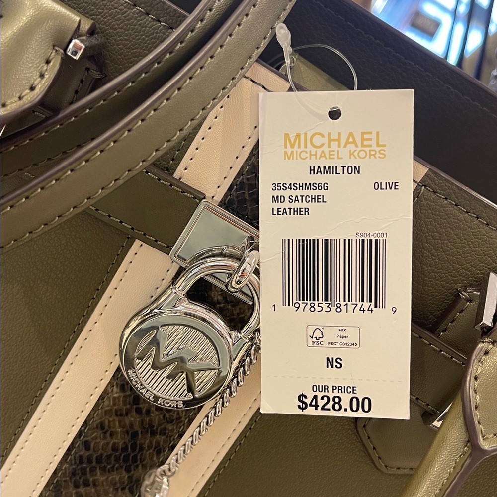 MICHAEL KORS Hamilton Md Leather and Snake Embossed Stripe Satchel
Olive 
NWT - Picture 10 of 16
